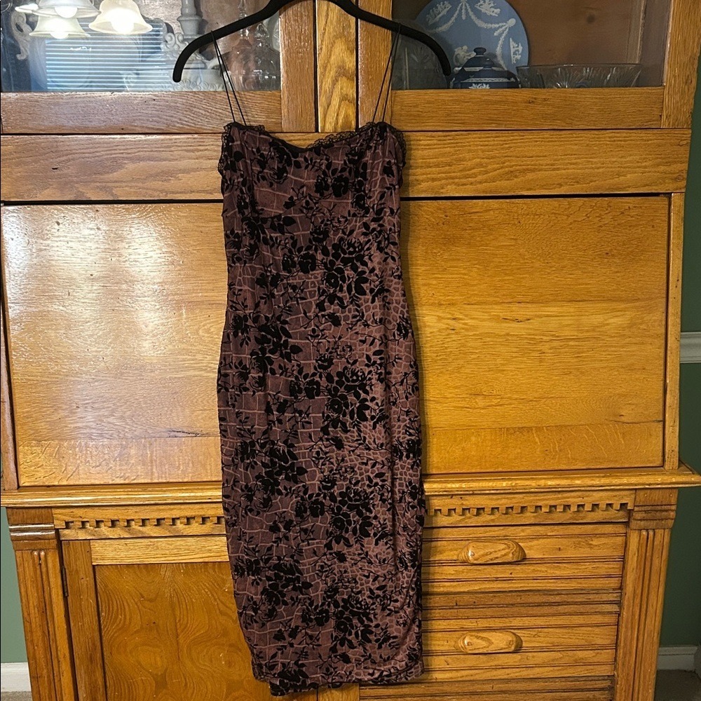 Fairy Grunge Romantic Velvet Floral Bodycon Midi Dress Lace Trim Spaghetti Strap